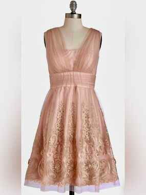 ModCloth Blush Pink Pleated Tulle Mesh
Overlay Gold Embroidered A-Line Dress